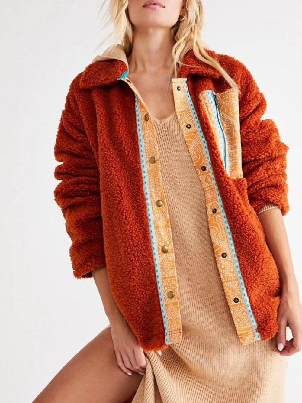 NWT Free People Women's This and That Sherpa Cardi Sherpa Jacket in Rust Size XS